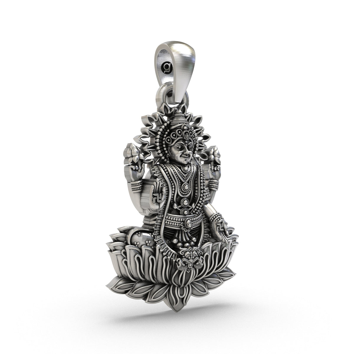 Lakshmi Maa Lotus Pendant in 925 Sterling Silver | Goddess of Wealth & Prosperity | Handmade Hindu Spiritual Jewelry
