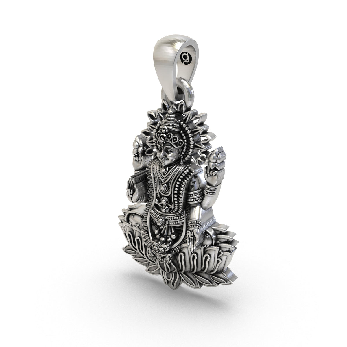 Lakshmi Maa Lotus Pendant in 925 Sterling Silver | Goddess of Wealth & Prosperity | Handmade Hindu Spiritual Jewelry