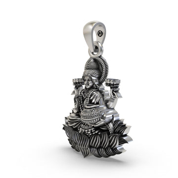 Lakshmi Maa Lotus Pendant in 925 Sterling Silver | Goddess of Wealth, Fortune & Prosperity | Handmade Hindu Spiritual Jewelry