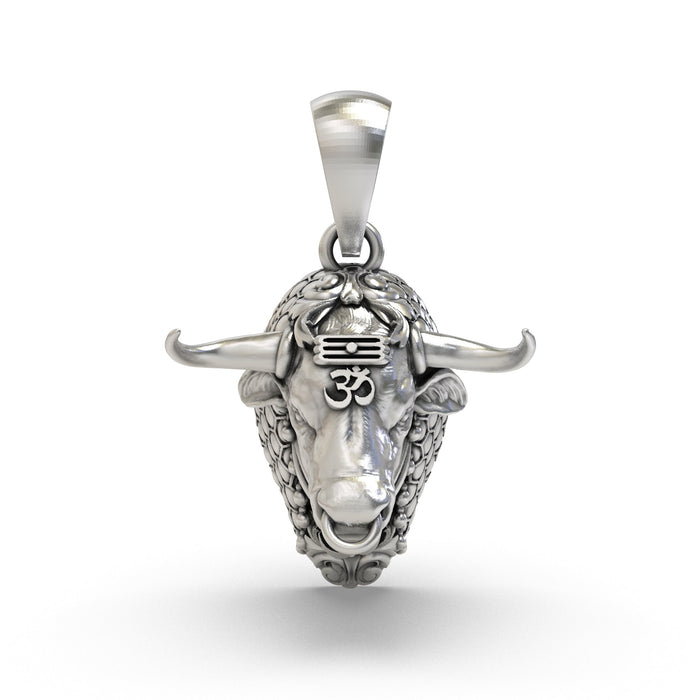 925 Sterling Silver Nandi Bull Pendant — Sacred Shiva Vahana with Om & Tripundra, Handmade Temple Jewellery
