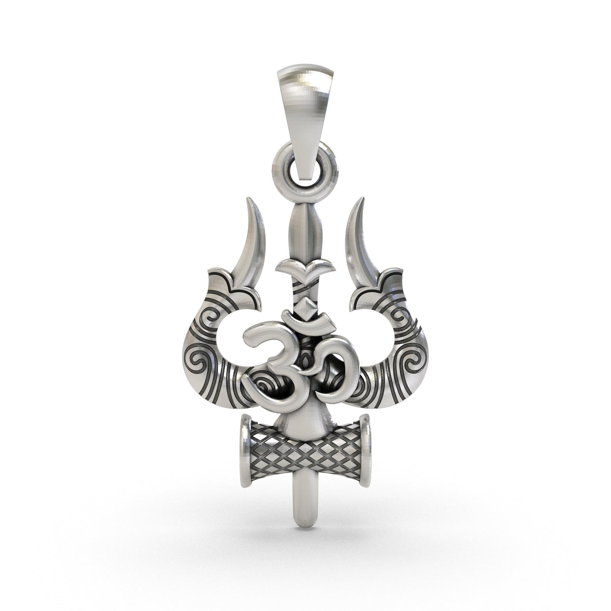 925 Sterling Silver Trishul Om Pendant — Shiva Damru Symbol, Handmade Temple Jewellery