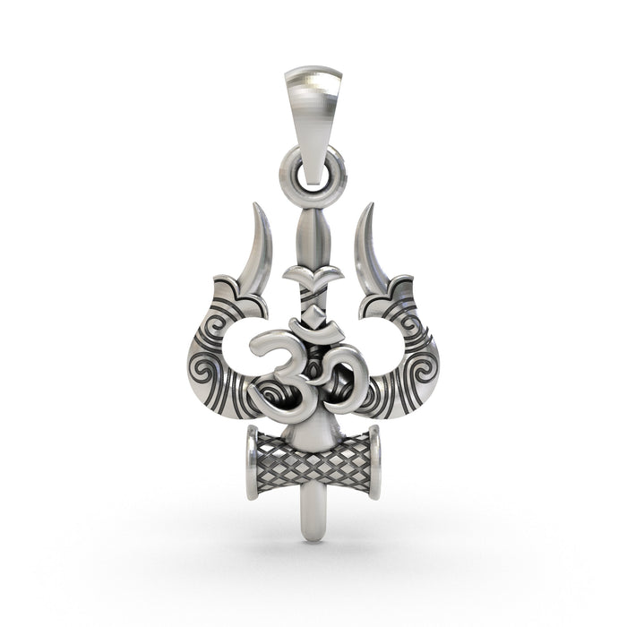 925 Sterling Silver Trishul Om Pendant — Shiva Damru Symbol, Handmade Temple Jewellery