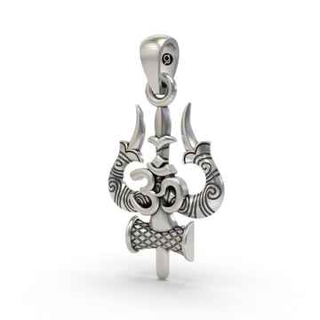 925 Sterling Silver Trishul Om Pendant — Shiva Damru Symbol, Handmade Temple Jewellery