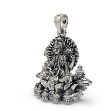 925 Sterling Silver Lakshmi Pendant — Goddess Mahalakshmi on Lotus with Kalash, Handmade Temple Jewellery