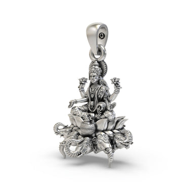 925 Sterling Silver Gajalakshmi Pendant — Goddess Mahalakshmi on Lotus with Elephants & Kalash, Handmade Temple Jewellery