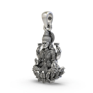 925 Sterling Silver Lakshmi Pendant — Goddess Mahalakshmi on Lotus with Blessings & Lotus Flowers, Handmade Temple Jewellery