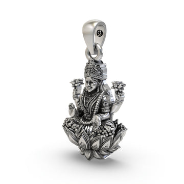 925 Sterling Silver Lakshmi Pendant — Goddess Mahalakshmi on Lotus with Blessing Mudra & Lotus Flowers, Handmade Temple Jewellery