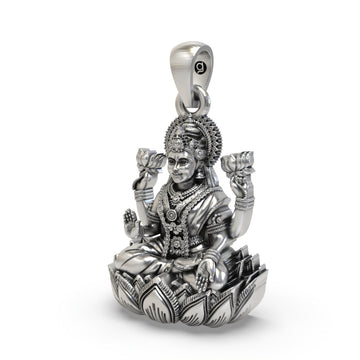 925 Sterling Silver Lakshmi Pendant — Goddess Mahalakshmi on Lotus with Blessing Mudra & Lotus Flowers, Handmade Temple Jewellery