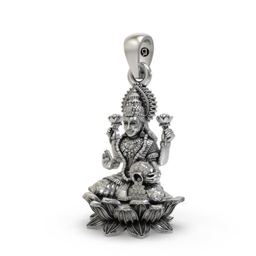 925 Sterling Silver Lakshmi Pendant — Goddess Mahalakshmi on Lotus with Blessing Mudra & Coin Pot, Handmade Temple Jewellery