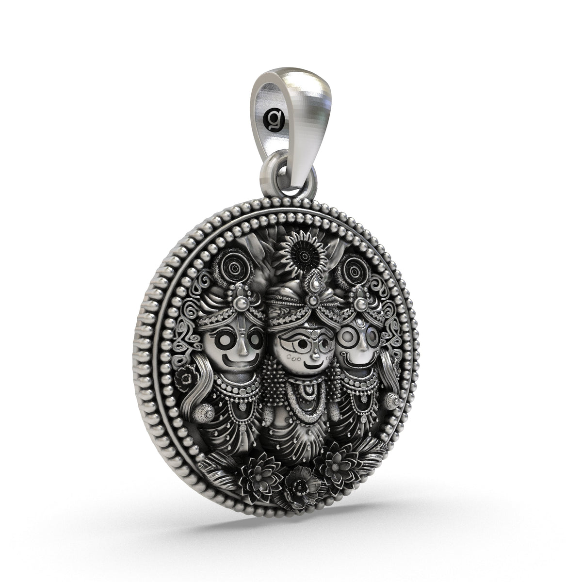 925 Sterling Silver Jagannath Balabhadra Subhadra Pendant | Puri Jagannath Round Oxidized Medallion | Hindu Spiritual Necklace