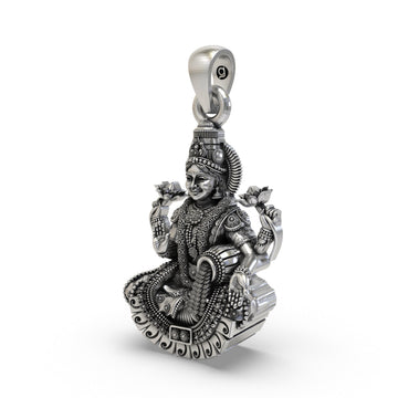 925 Silver Lakshmi Maa Pendant – Four-Armed Goddess on Lotus with Coin Garland & Blessing Hand, Antique-Oxidized Handcrafted Temple Jewelry