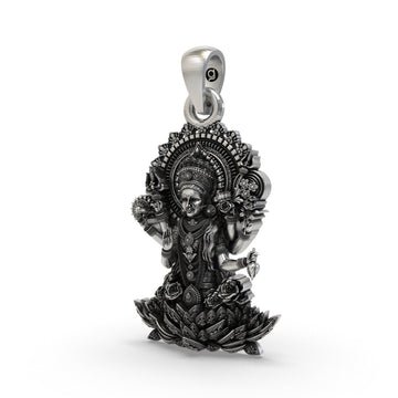 925 Silver Lakshmi Maa Pendant – Multi-Armed Goddess on Lotus with Floral Halo & Blessing Hand, Antique-Oxidized Handcrafted Temple Jewelry