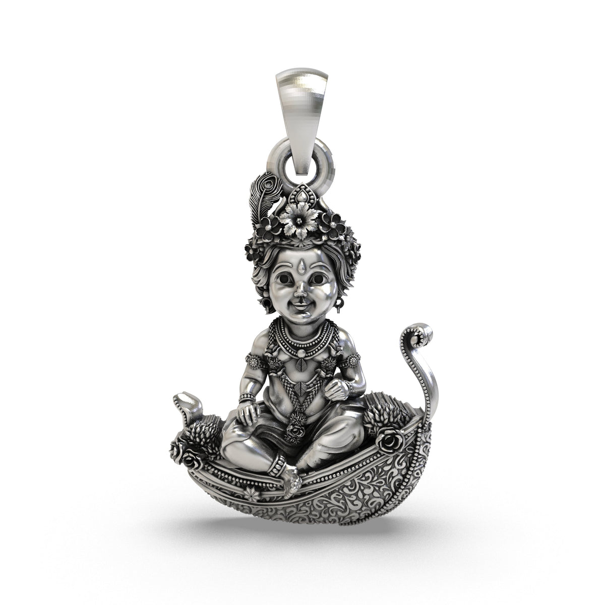 925 Silver Bal Krishna (Laddu Gopal) Pendant – Baby Krishna on Peepal Leaf with Peacock Feather Crown, Antique-Oxidized Handcrafted Devotional Jewelry