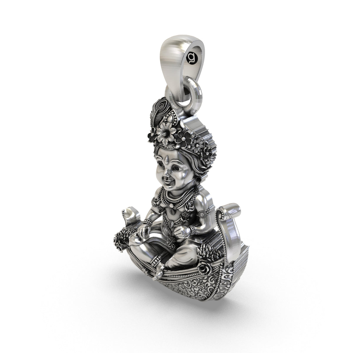 925 Silver Bal Krishna (Laddu Gopal) Pendant – Baby Krishna on Peepal Leaf with Peacock Feather Crown, Antique-Oxidized Handcrafted Devotional Jewelry