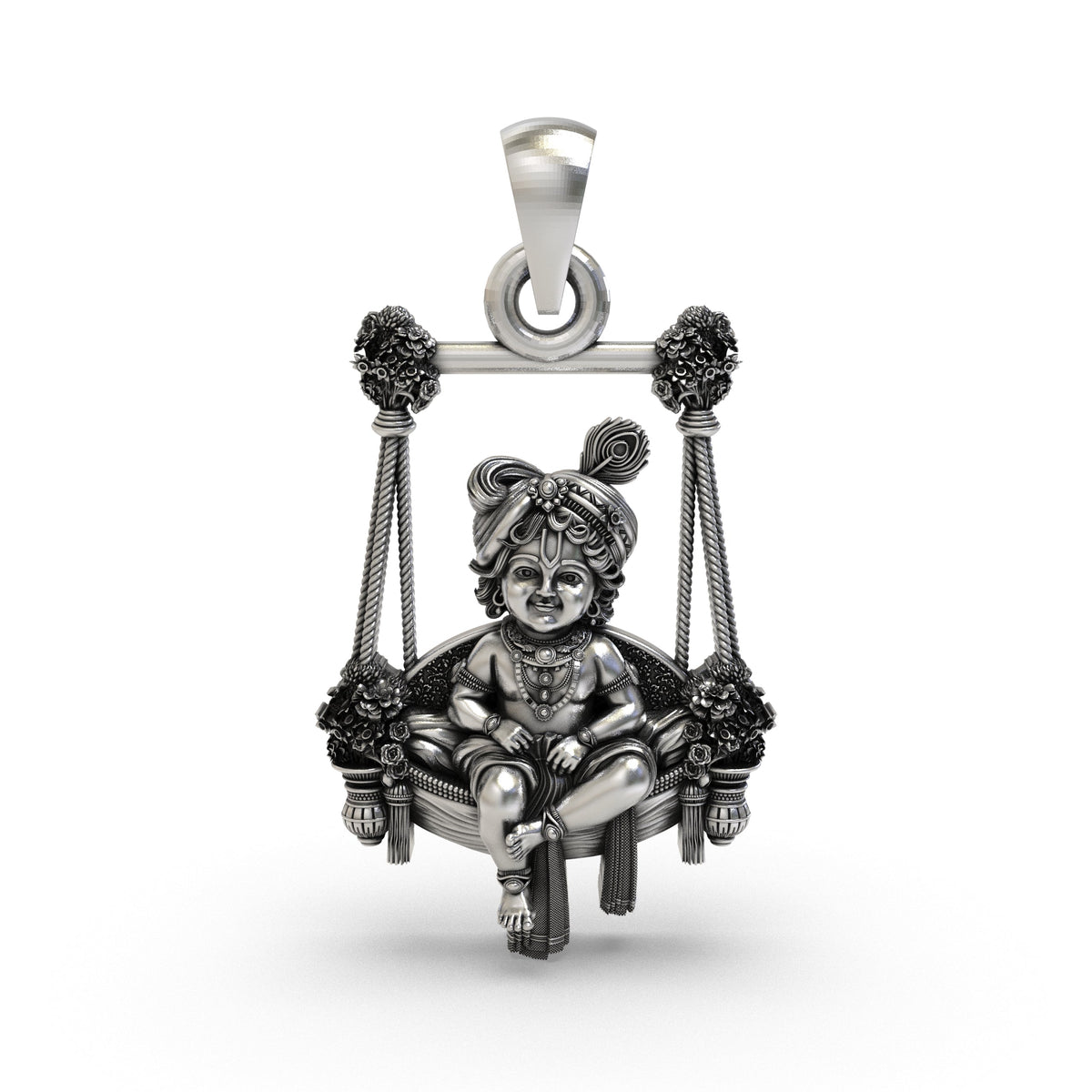 Sterling Silver Bal Gopal Swing Pendant – Baby Krishna on Jhula with Mor-Mukut, Handcrafted Antique Devotional Piece