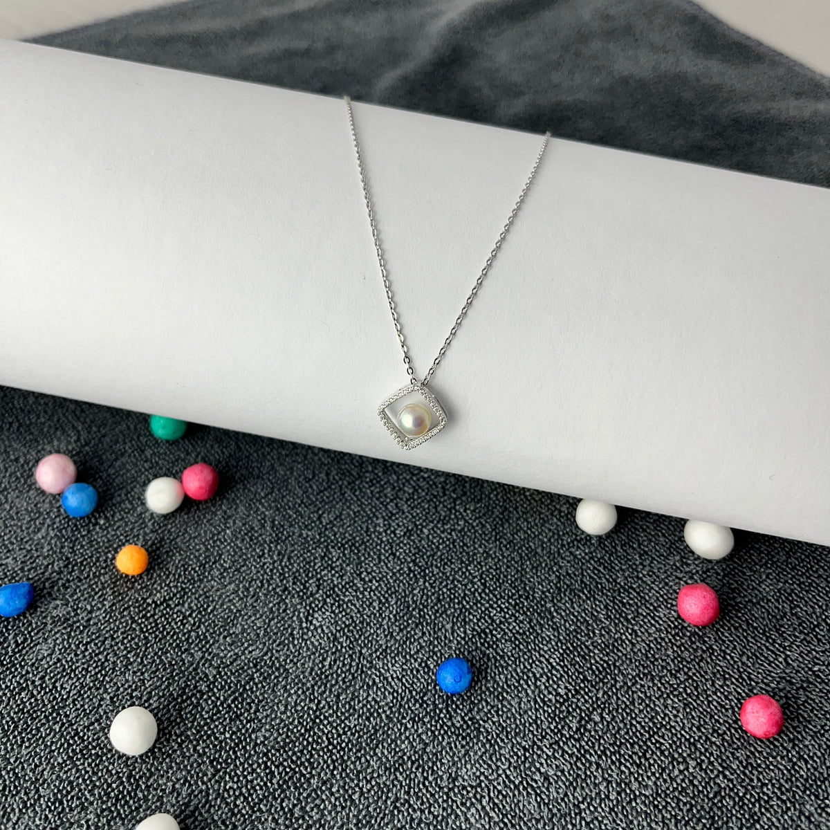 Pearl under Diamond  Pendant with Chain