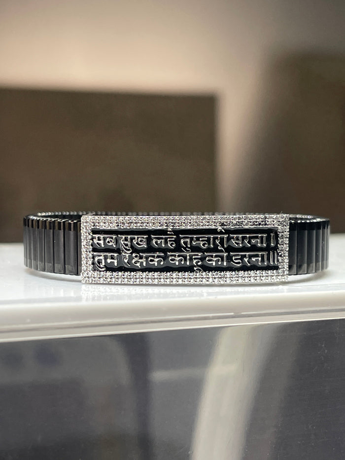 Hanuman Chalisa Bracelet – 925 Silver Black Kada with Mantra Engraving | Spiritual Men’s Kada | सब सुख लहे तुम्हारी शरणा Bracelet