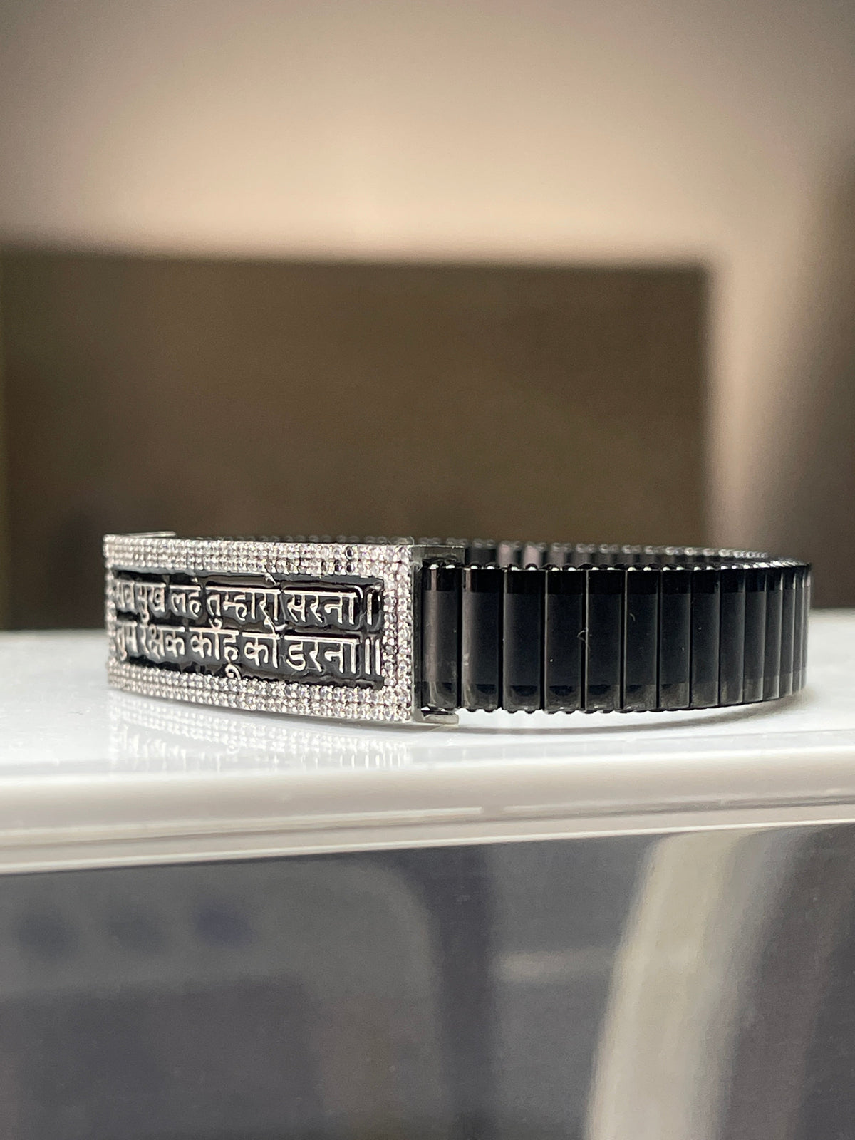 Hanuman Chalisa Bracelet – 925 Silver Black Kada with Mantra Engraving | Spiritual Men’s Kada | सब सुख लहे तुम्हारी शरणा Bracelet